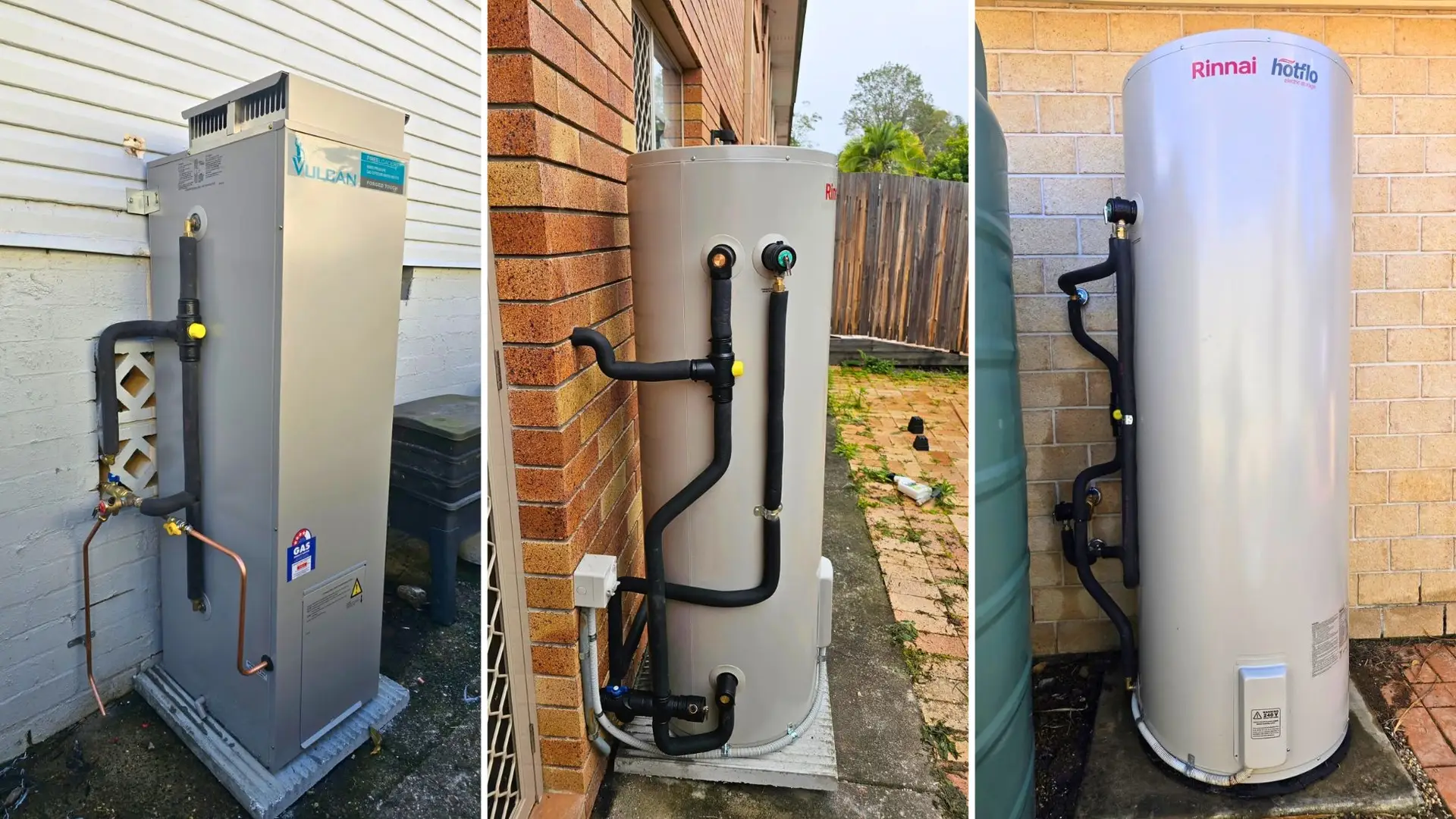 Three different outdoor water heaters against walls.