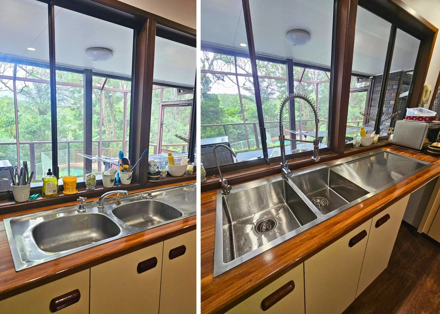 Modern kitchen sink with lush outdoor view