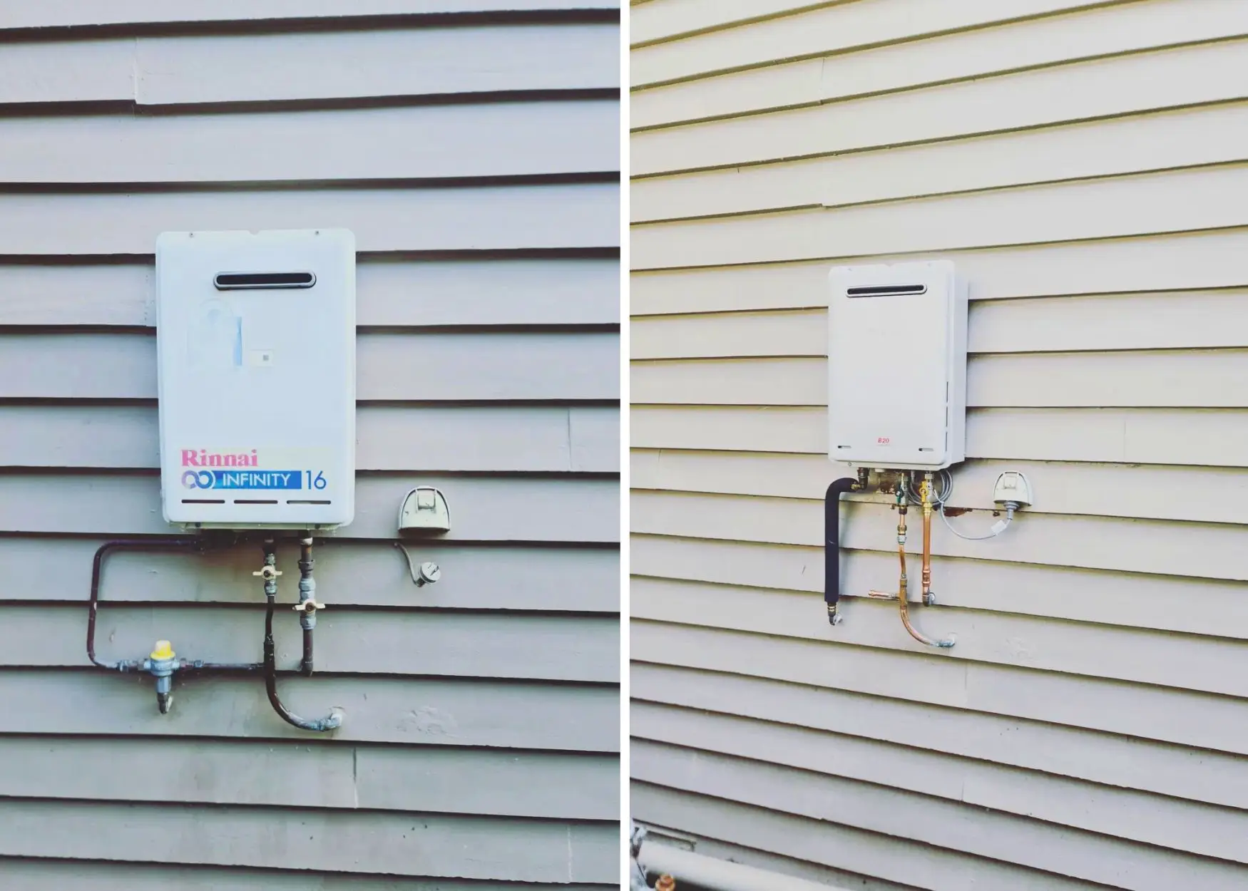 Two outdoor tankless water heaters installed on house walls.