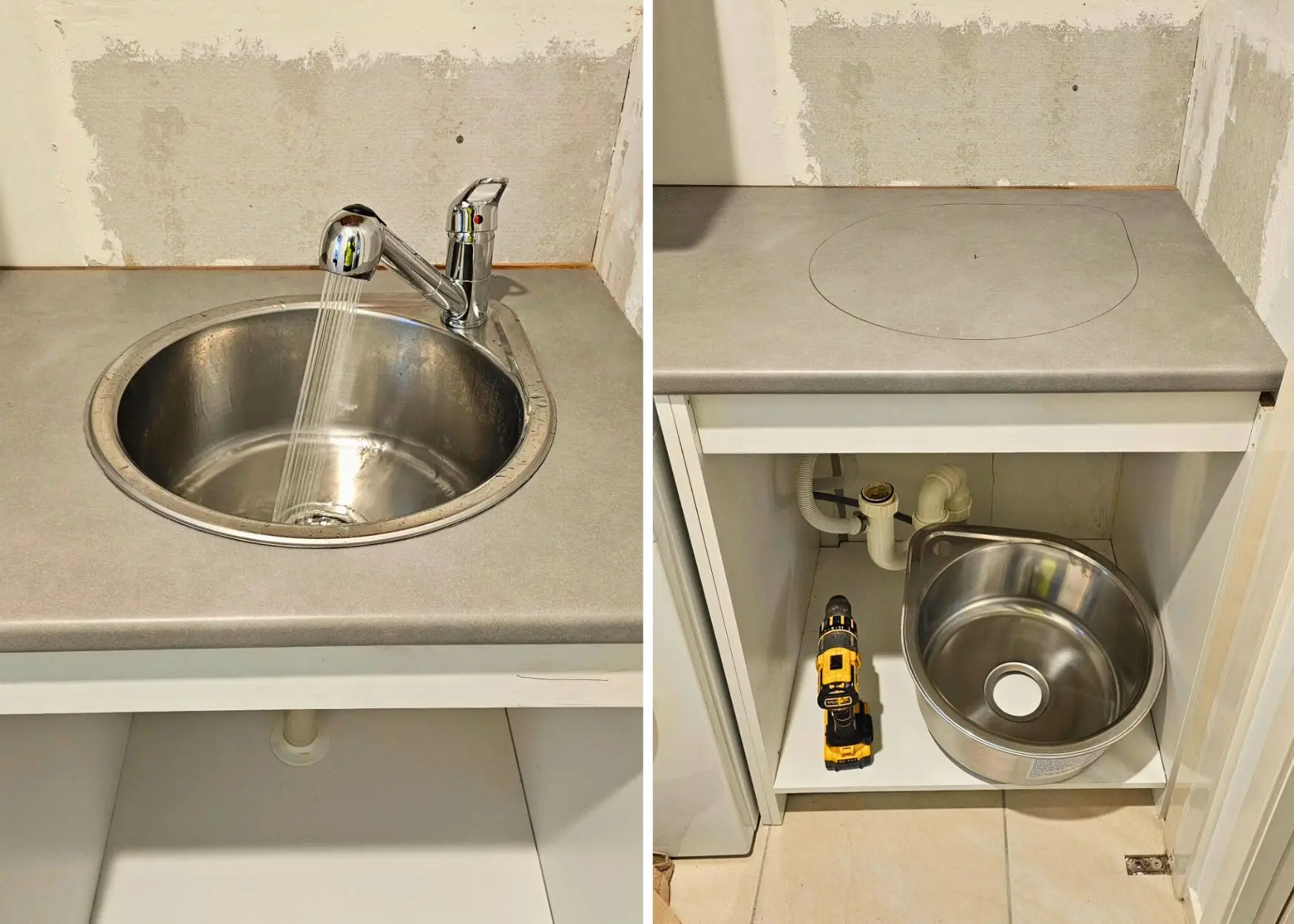 Stainless sink with removable counter cover demonstrated.