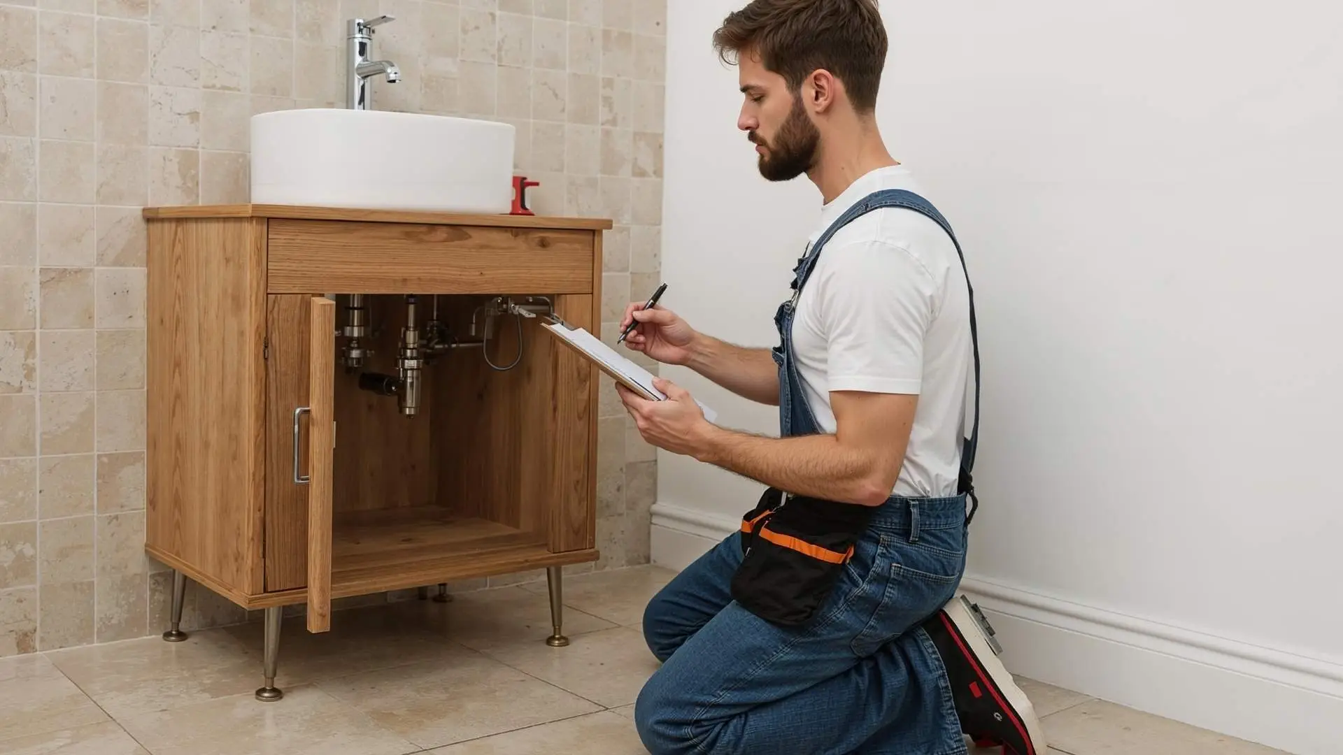 Plumber inspecting under sink in bathroom