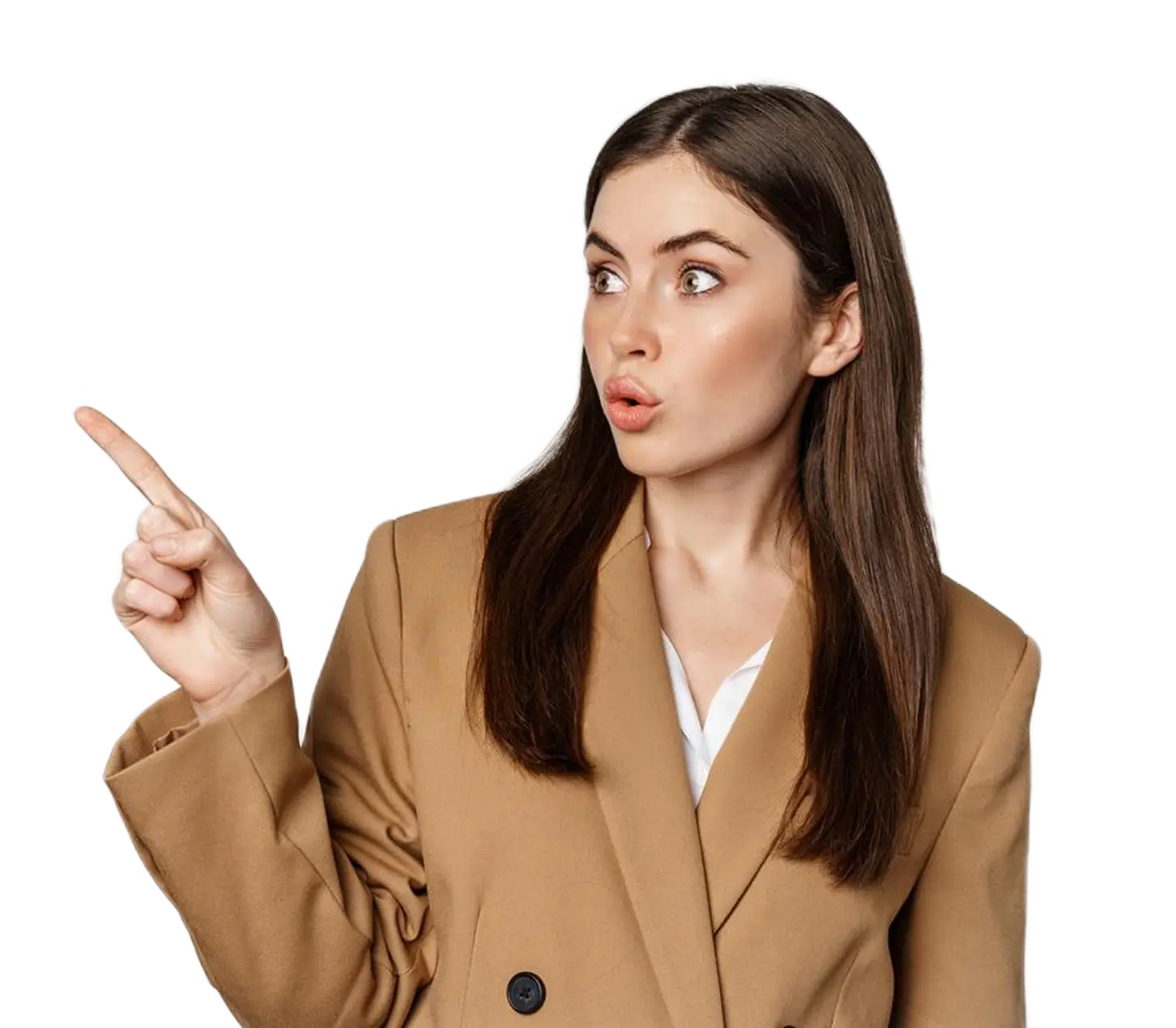 Surprised woman pointing with finger