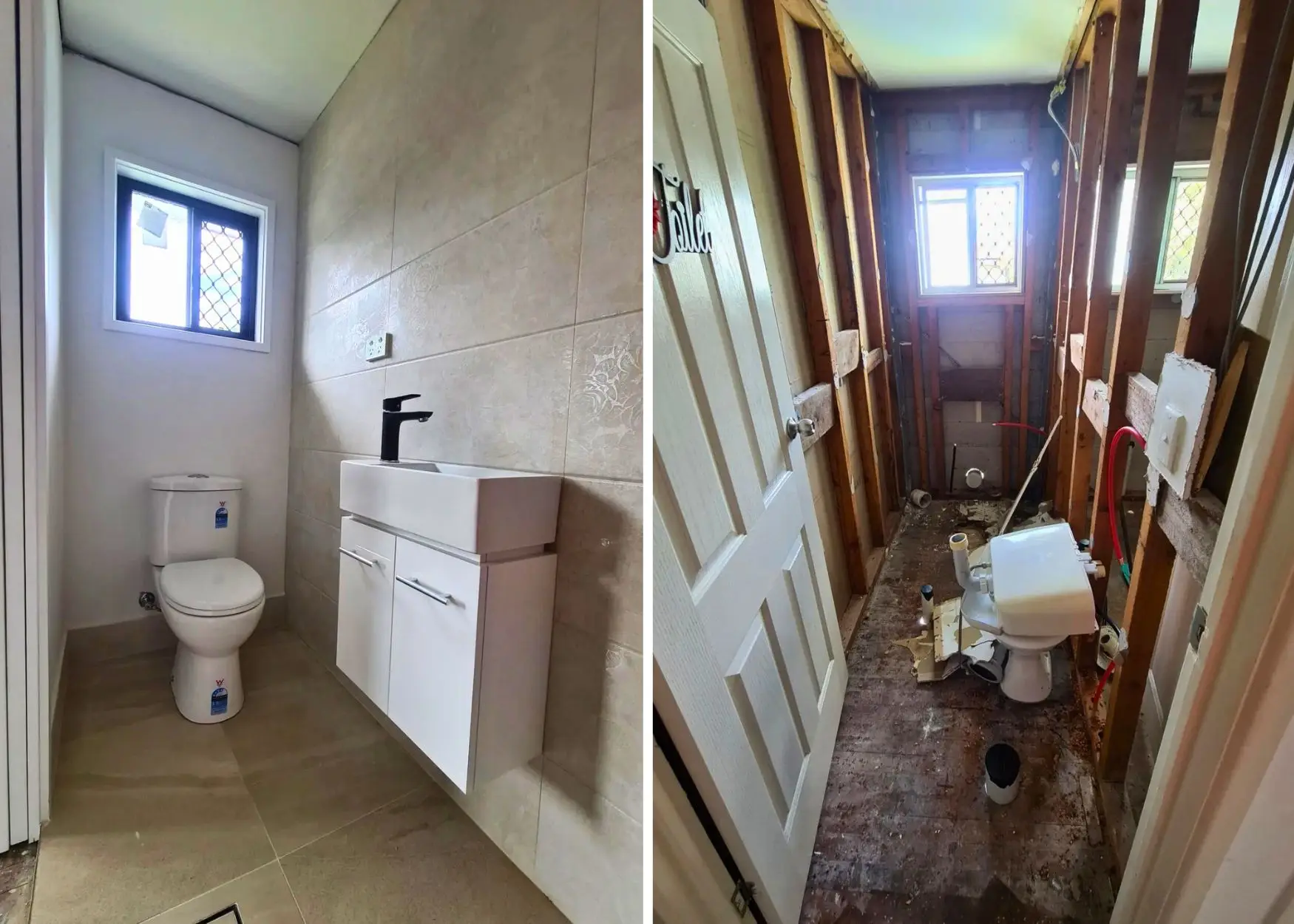 Modern bathroom renovation before and after comparison.