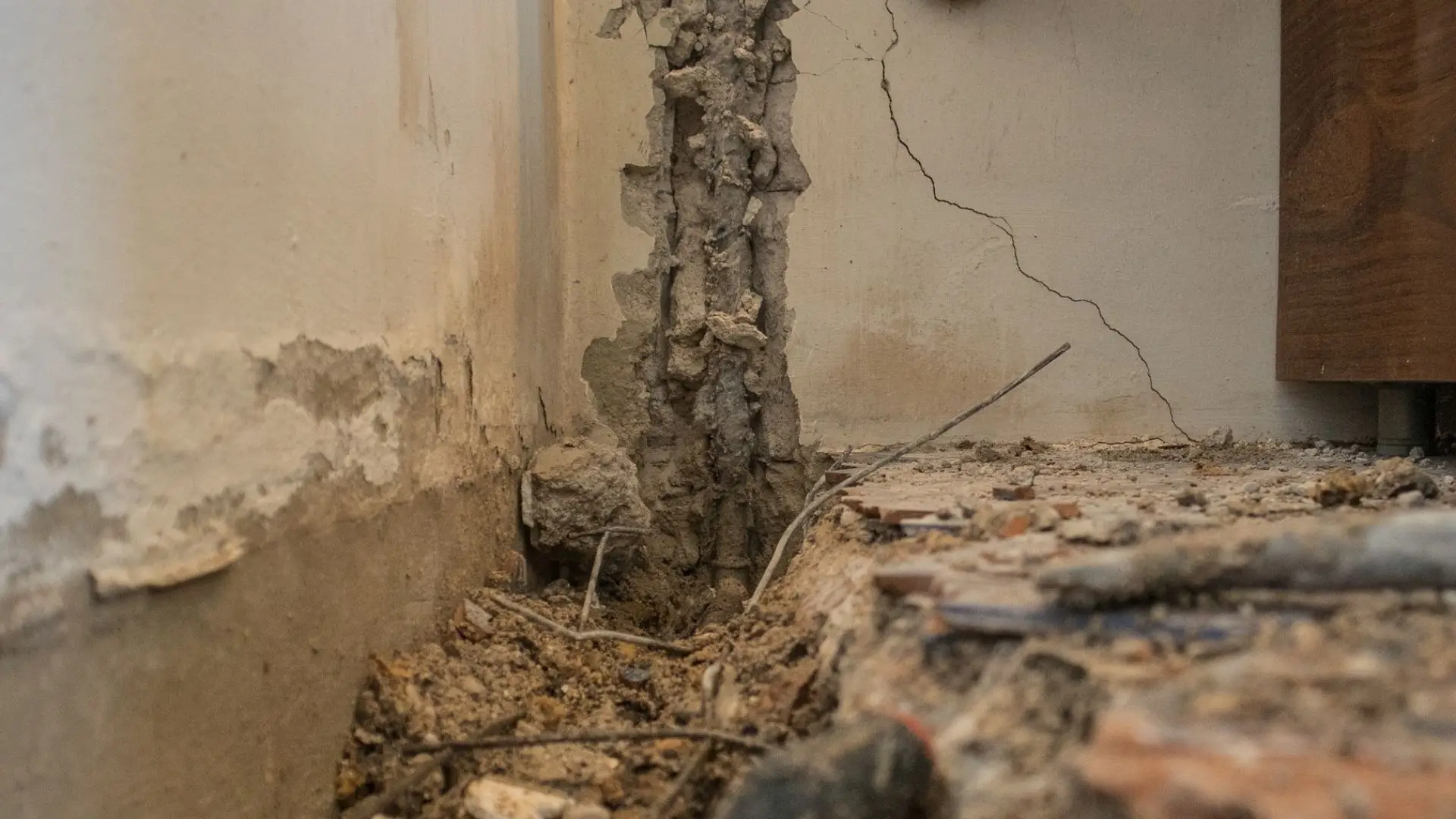 Cracked wall with exposed bricks and debris.
