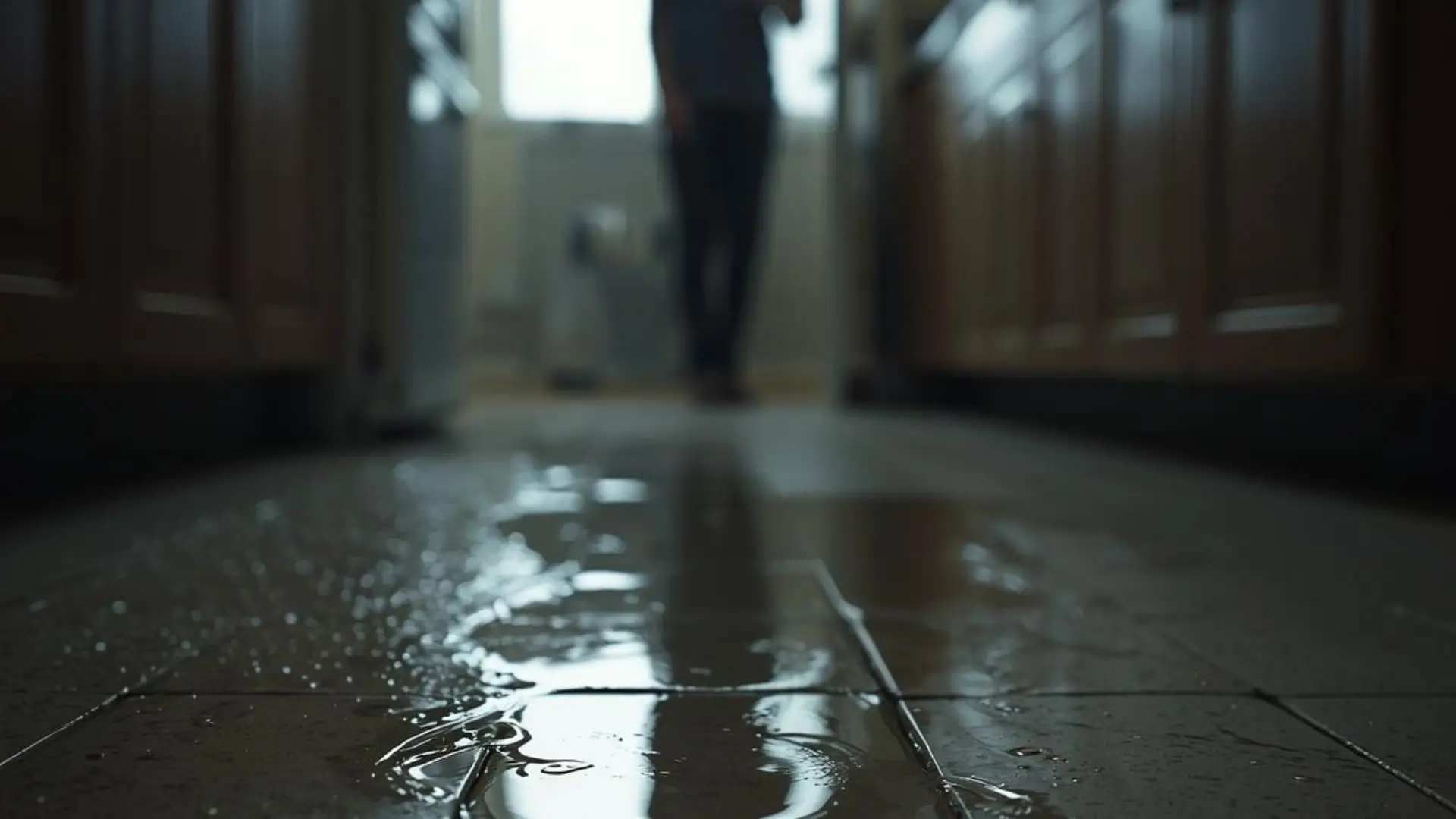 Wet kitchen floor reflecting light