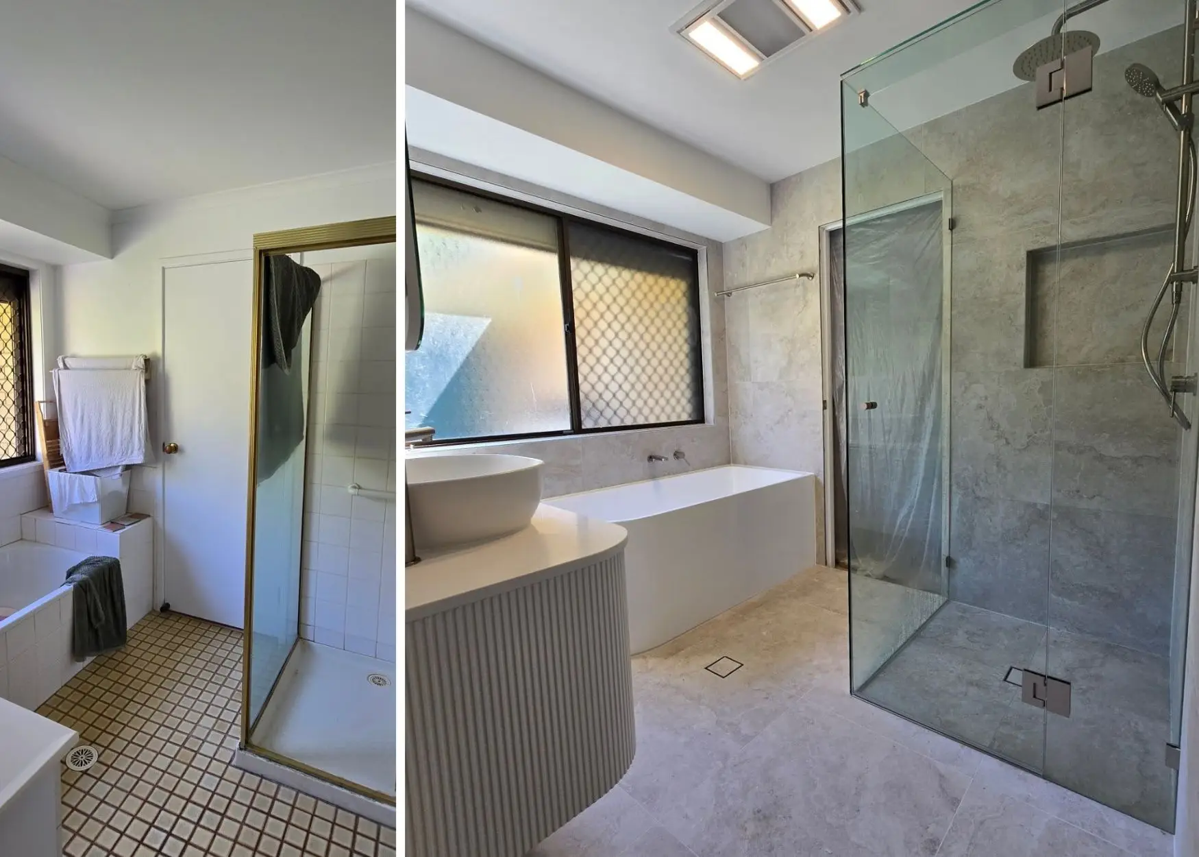 Bathroom renovation: before and after comparison.