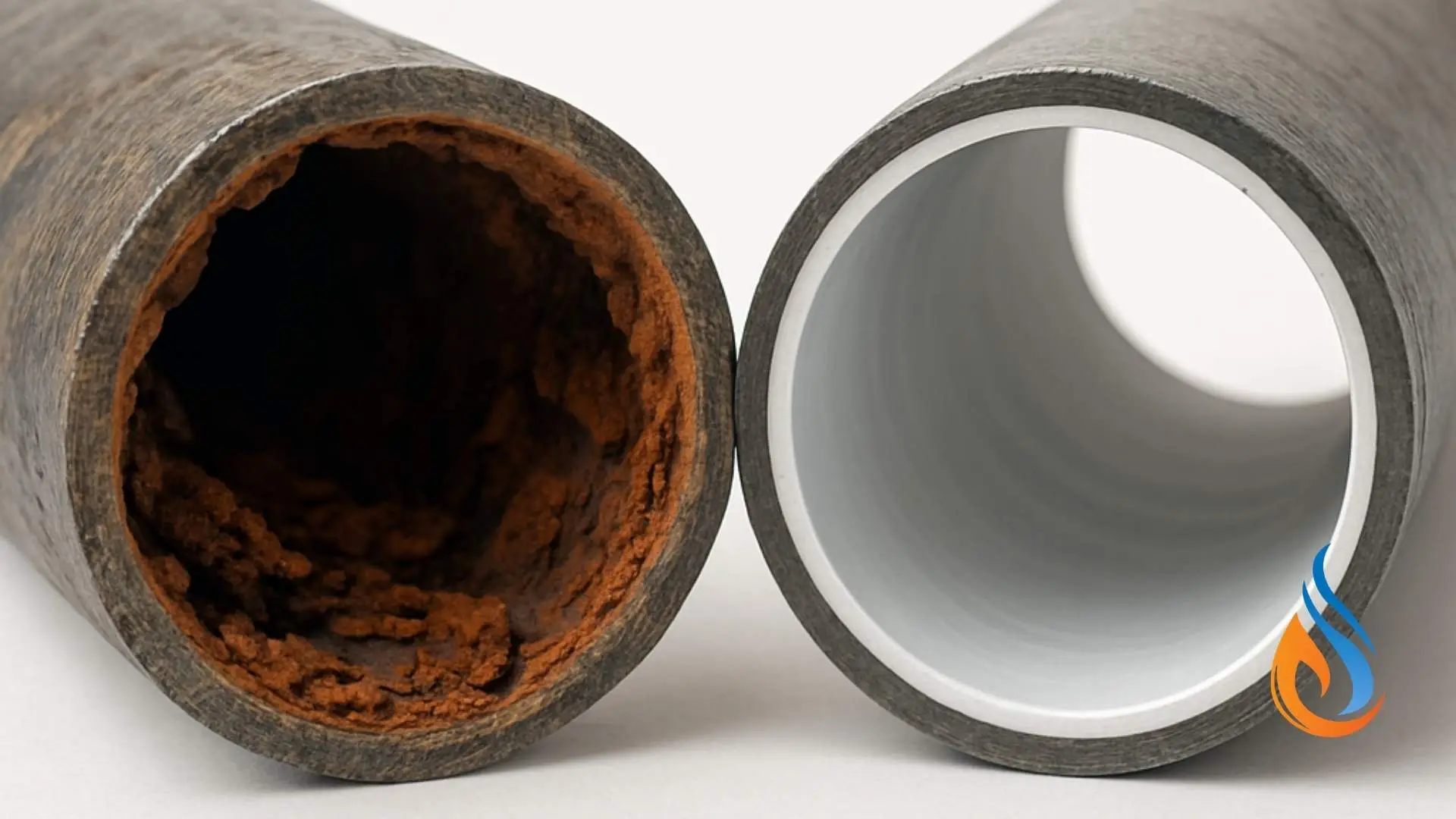 Rusty pipe compared to clean pipe section.
