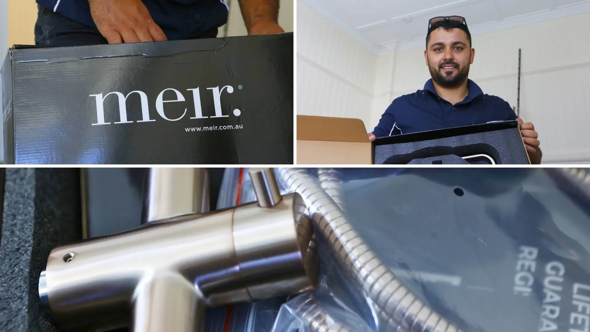 Person unboxing Meir product with faucet parts displayed.