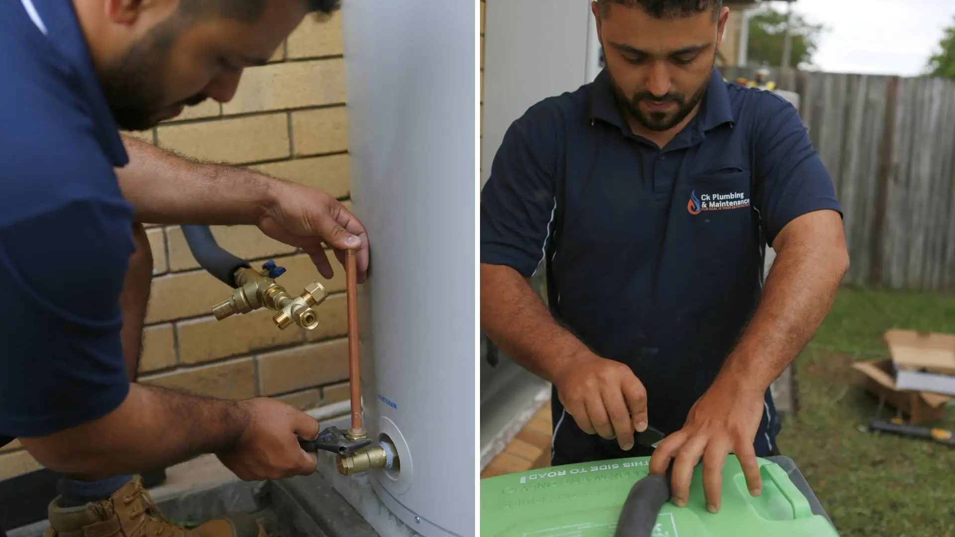 Plumber working on water heater installation