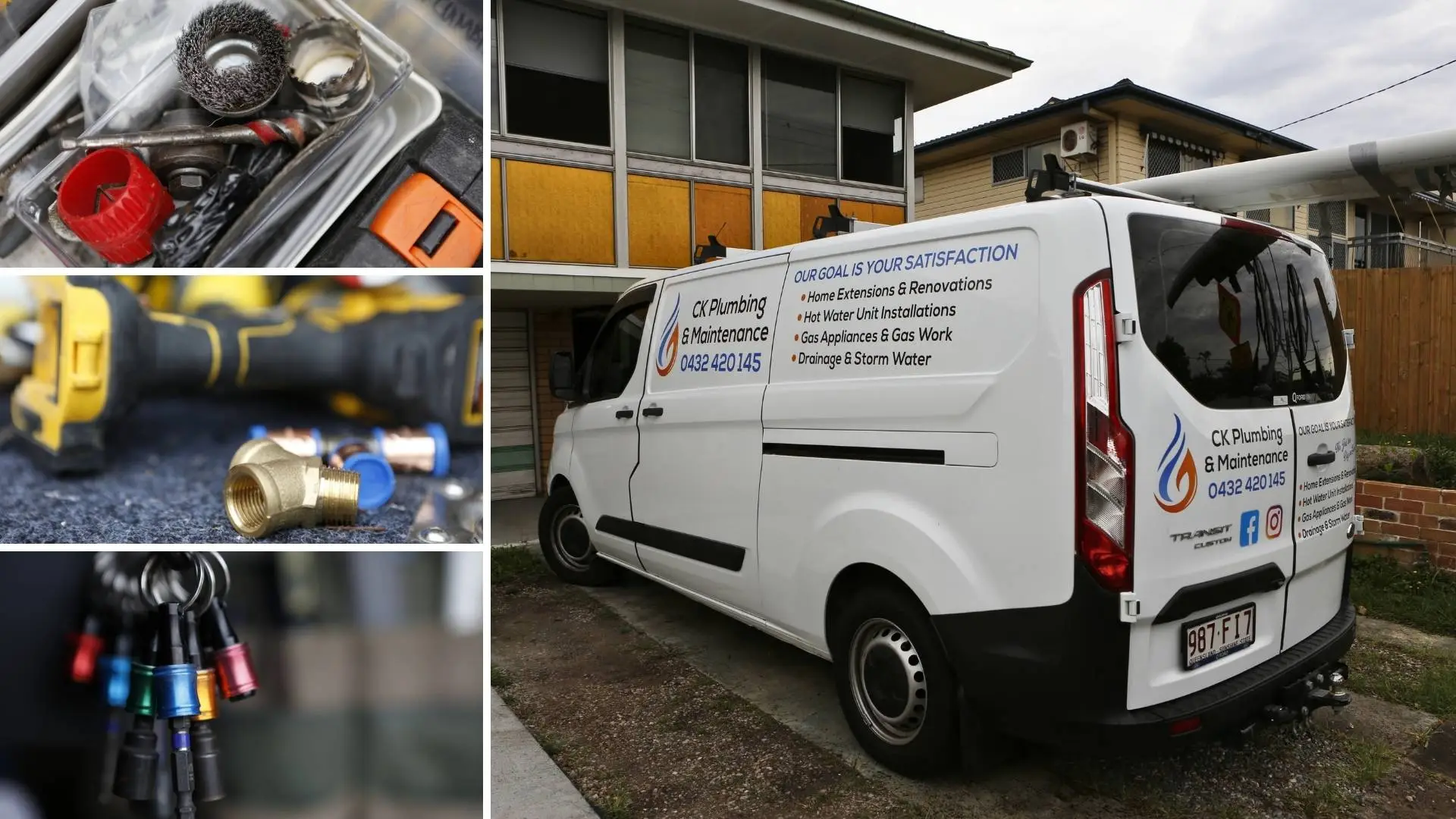 Plumbing service van and tools outside a house.
