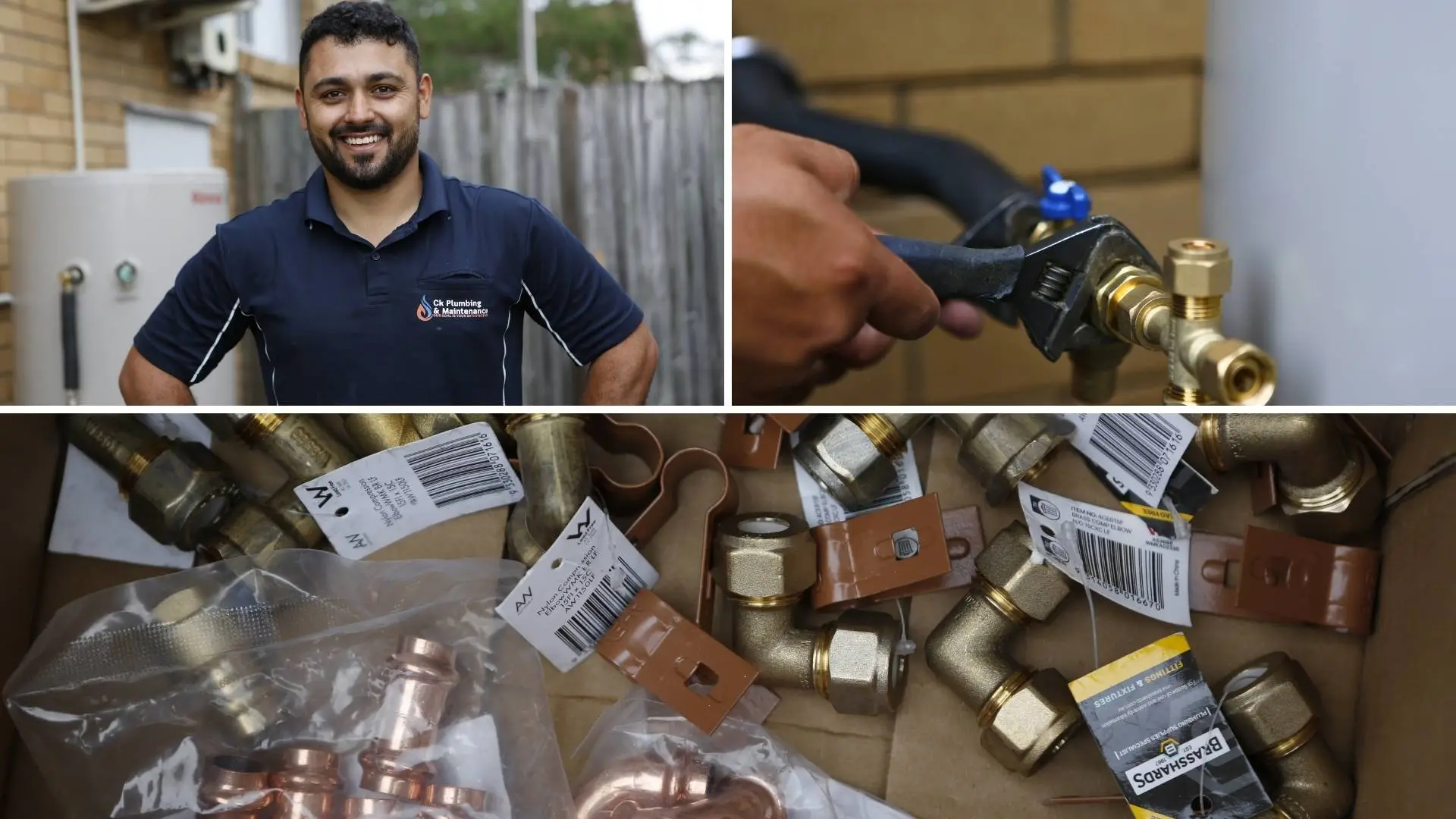 Plumber with tools and various plumbing parts.