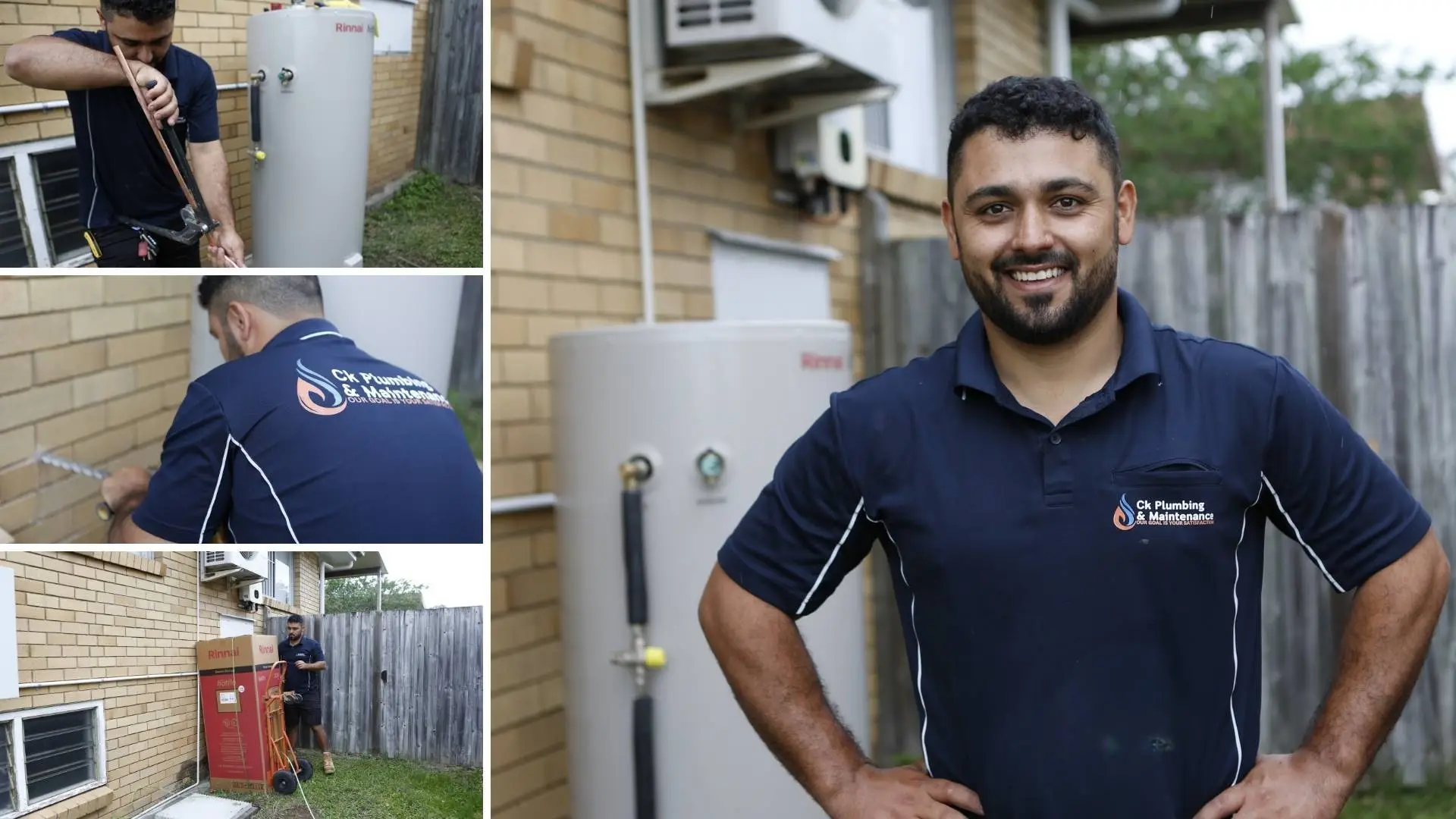 Plumber installing new water heater outside building.